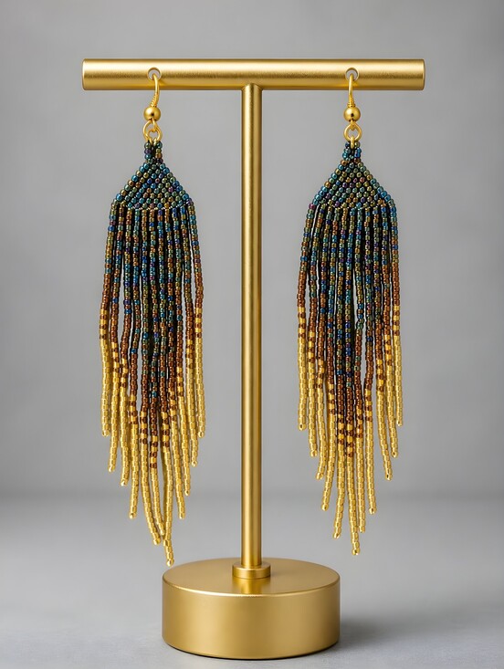 Handmade Jewelry - Handmade Willow Luxe Boho Fringe Beaded Earrings - Blue Iridescent Gold